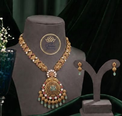 Divine Jewellery Antique Pendant Necklace Set for Women | Gold Plated Silver Traditional Ethnic Jewellery with Earrings