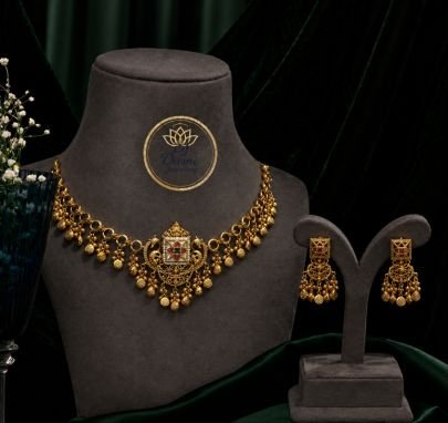 Divine Jewellery Antique Pendant Necklace Set with Earrings for Women | 92.5 Silver Gold Plated Traditional Jewellery