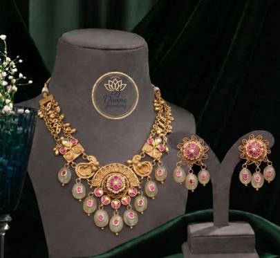 Divine Jewellery Antique Pink Stone Necklace Set for Women | 92.5 Silver Gold Plated Traditional Jewellery Set