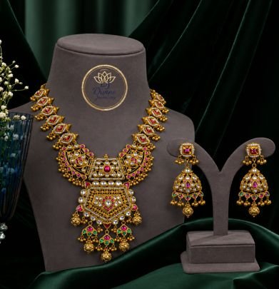 Divine Jewellery Antique Pink Stone Bridal Necklace Set with Jhumka Earrings (92.5 Silver Gold Plated)
