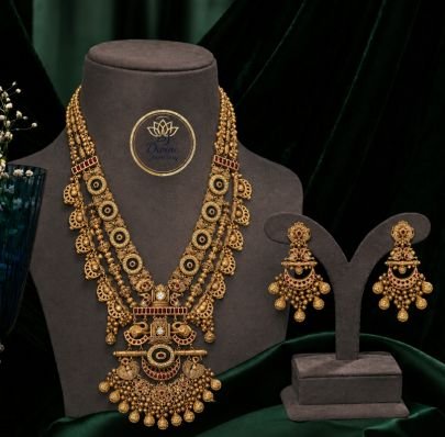 Divine Jewellery Antique Rajwadi Long Necklace Set with Chandbali Earrings | Gold Plated 92.5 Silver Traditional Heritage Jewellery