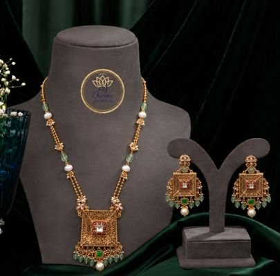 Divine Jewellery Antique Square Pendant Necklace Set with Earrings | Gold Plated 92.5 Silver Heritage Jewellery
