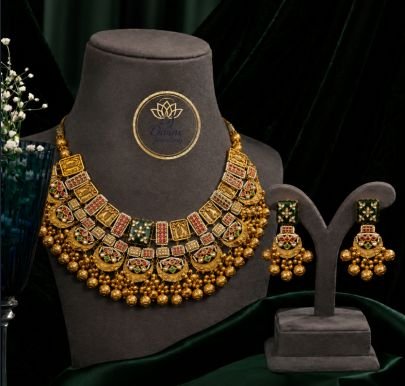 Divine Jewellery Antique Statement Choker Necklace Set with Earrings for Women | 92.5 Silver Gold Plated Traditional Jewellery