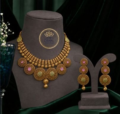 Divine Jewellery Antique Statement Necklace Set with Long Earrings for Women | Gold Plated Silver Ethnic Jewellery