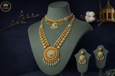 Divine Jewellery Antique Temple Bridal Necklace Set with Turquoise Stone Pendant and Coin Chain