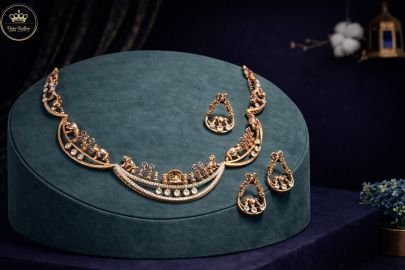 Divine Jewellery Antique Temple Design Bridal Necklace Set with Lakshmi Motif & Matching Earrings