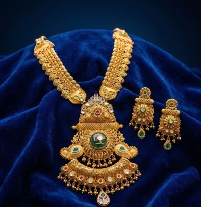 Divine Jewellery Antique Temple Bridal Necklace Set with Heritage Pendant, Ruby and Emerald Stone Accents