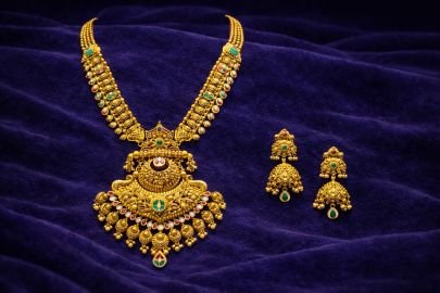 Divine Jewellery Antique Temple Bridal Necklace Set with Heritage Pendant, Ruby Emerald Accents and Traditional Jhumka Earrings