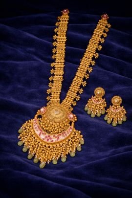 Divine Jewellery Antique Temple Long Haram Necklace Set with Pink Enamel Crescent Pendant and Green Bead Drops