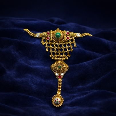 Divine Jewellery Antique Temple Hand Pocha Bracelet with Ruby Emerald Stones and Traditional Filigree Drop Design