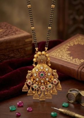 Divine Jewellery Antique Temple Floral Mangalsutra with Ruby Emerald Kundan Pendant