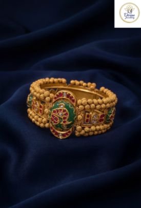 Divine Jewellery Antique Temple Kada with Kundan Detailing & Green Stone Motif in 92.5 Silver with Gold Plating