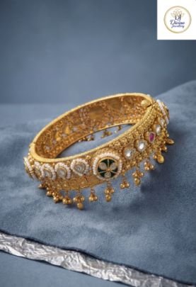 Divine Jewellery Antique Temple Kada Bangle with Kundan Detailing & Hanging Charms in 92.5 Silver with Gold Plating