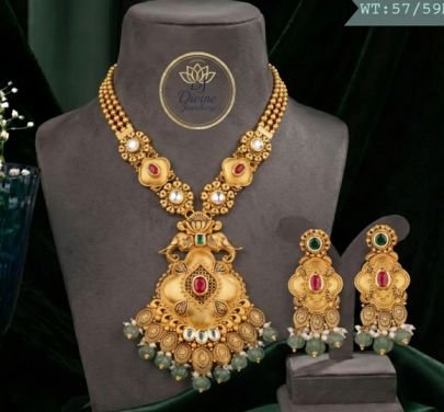 Divine Jewellery Antique Temple Pendant Necklace Set with Earrings for Women | 92.5 Silver Gold Plated Ethnic Bridal Jewellery