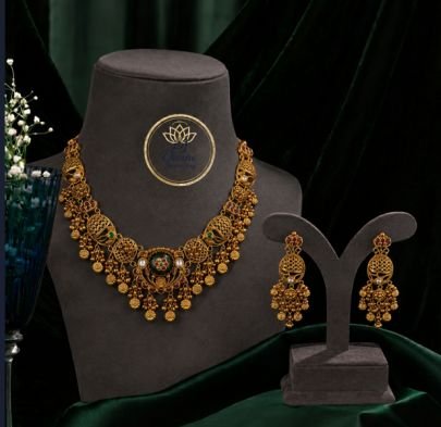 Divine Jewellery Antique Temple Necklace Set with Earrings for Women | Gold Plated Silver Base Traditional Bridal Jewellery