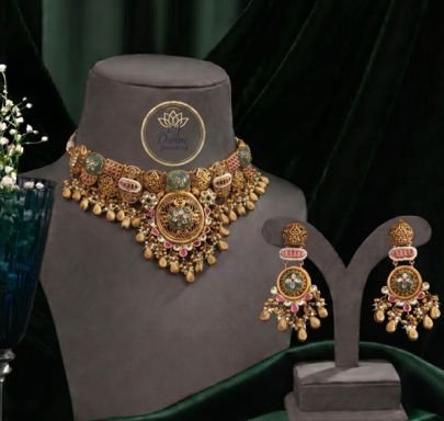 Divine Jewellery Antique Temple Kundan Choker Set for Women | Gold Plated Silver Traditional Jewellery with Earrings