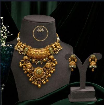 Divine Jewellery Antique Temple Bridal Necklace Set with Jhumka Earrings | Gold Plated Silver Ethnic Jewellery