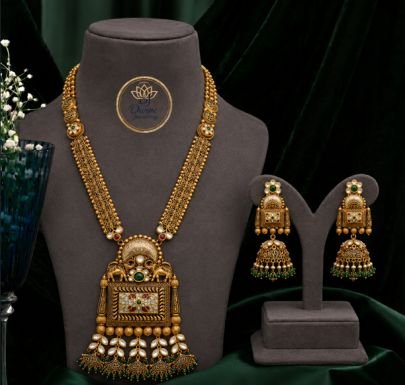 Divine Jewellery Antique Temple Long Haram Necklace Set for Women | 92.5 Silver Gold Plated Bridal Pendant Set with Jhumka Earrings