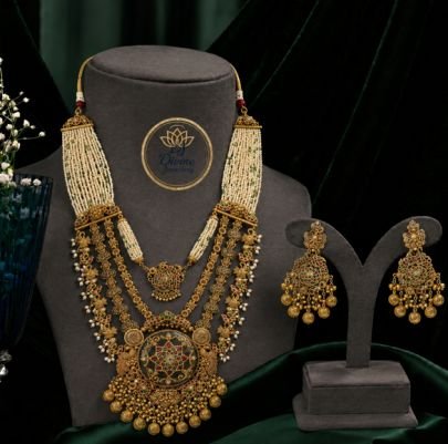 Divine Jewellery Antique Temple Long Haram Necklace Set for Women | 92.5 Silver Gold Plated Bridal Pendant Set with Jhumka Earrings