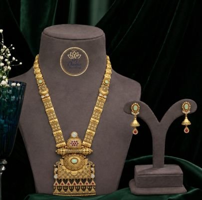 Divine Jewellery Antique Temple Long Pendant Necklace Set with Earrings (92.5 Silver Gold Plated)
