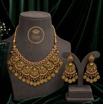 Divine Jewellery Antique Temple Necklace Set with Chandbali Earrings | Gold Plated 92.5 Silver Bridal Jewellery