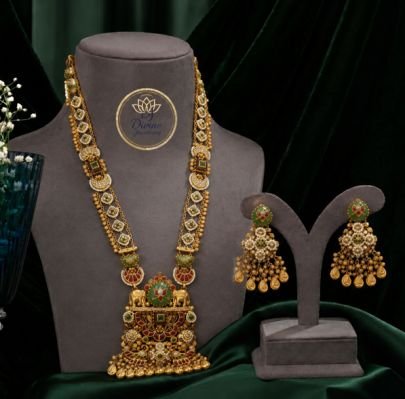 Divine Jewellery Antique Temple Long Haram Necklace Set with Lakshmi Pendant & Earrings | Gold Plated 92.5 Silver Bridal Jewellery