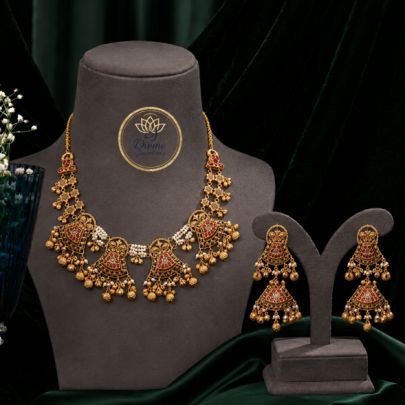 Divine Jewellery Antique Temple Necklace Set with Jhumka Earrings | Gold Plated 92.5 Silver Traditional Bridal Jewellery