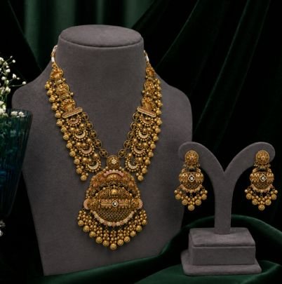 Divine Jewellery Antique Temple Long Necklace Set with Grand Pendant & Jhumka Earrings | Gold Plated 92.5 Silver Bridal Jewellery