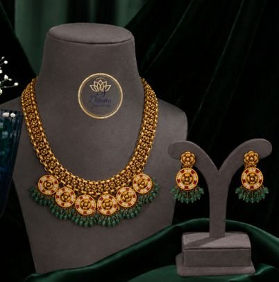 Divine Jewellery Antique Temple Coin Necklace Set with Green Beads Earrings | 92.5 Silver Gold Plated Traditional Bridal Jewellery