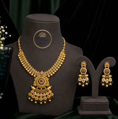Divine Jewellery Antique Traditional Pendant Necklace Set with Earrings (92.5 Silver Gold Plated)