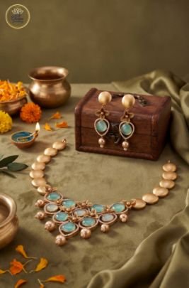 Divine Jewellery Aqua Chalcedony Floral Statement Necklace Set with Earrings