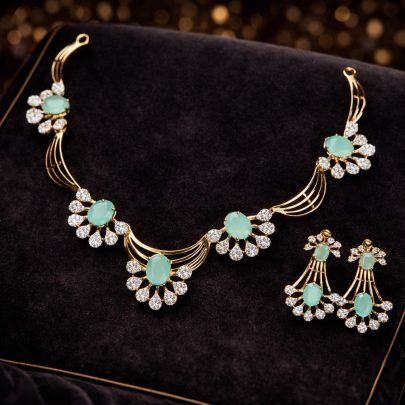Divine Jewellery Aqua Green Floral Crystal Necklace Set with Designer Drop Earrings