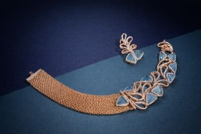 Divine Jewellery Azure Majesty Rose Gold Mesh Statement Necklace Set with Aqua Blue Geometric Crystal Accents