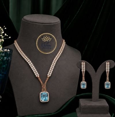 Divine Jewellery Blue Crystal Pendant Necklace Set for Women, Rose Gold Plated American Diamond Necklace with Matching Drop Earrings, Party Wear Weddi