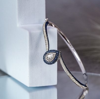 Divine Jewellery Blue Sapphire Halo Pear Crystal Designer Open Bangle