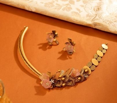 Divine Jewellery Blush Floral Designer Gold-Plated Necklace Set with Artistic Leaf Motifs