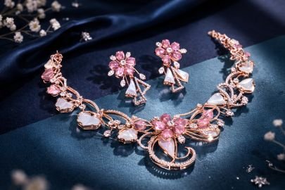 Divine Jewellery Blush Royale Rose Gold Floral Necklace Set with Pink Crystal Blooms & Mother-of-Pearl Petal Accents