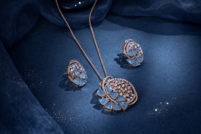 Divine Jewellery Celeste Aura Rose Gold Pendant Necklace Set with Sky Blue Stone Petal Design & Crystal Halo Detailing