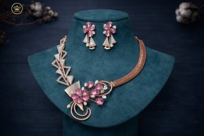 Divine Jewellery Contemporary Pink Floral Statement Necklace Set with Crystal & Mother-of-Pearl Design
