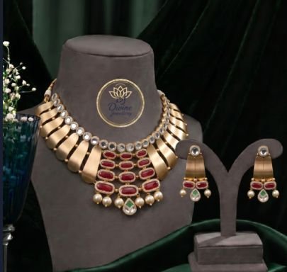 Divine Jewellery Contemporary Statement Kundan Necklace Set for Women | Gold Plated Silver Designer Jewellery with Earrings