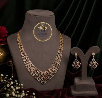 Divine Jewellery Designer American Diamond Necklace Set with Matching Earrings | Silver Gold Plated Party Wear Jewellery
