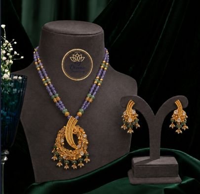 Divine Jewellery Designer Beaded Pendant Necklace Set with Earrings for Women | 92.5 Silver Gold Plated Ethnic Jewellery