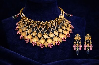 Divine Jewellery Designer Black Stone Leaf Statement Choker Set with Pink Bead Drops & Earrings in 92.5 Silver with Gold Plating