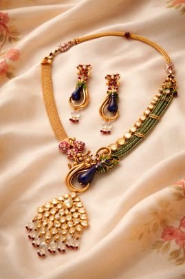 Divine Jewellery Designer Fusion Necklace Set with Pearl Tassel Pendant & Multicolor Stone Detailing in 92.5 Silver with Gold Plating