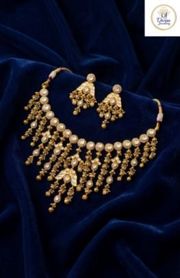 Divine Jewellery Designer Kundan Fringe Choker Set with Dangling Chains & Matching Earrings in 92.5 Silver with Gold Plating
