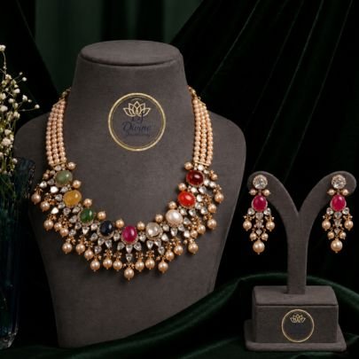 Divine Jewellery Designer Multicolor Kundan Pearl Necklace Set for Women | Traditional Bridal Choker Jewellery with Earrings | Gold Plated Silver Base