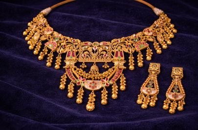Divine Jewellery Designer Temple Choker Set with Floral Motifs, Meenakari Work & Bead Dangling in 92.5 Silver with Gold Plating