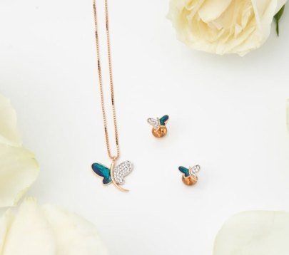 Divine Jewellery Elegant Butterfly Designer Pendant Necklace Set with Crystal and Enamel Wings