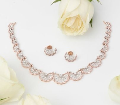 Divine Jewellery Elegant Crystal Fan Designer Necklace Set with Rose Gold Finish