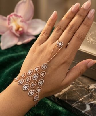 Divine Jewellery Elegant Diamond-Style Hand Pocha Hathphool Bracelet with Ring Chain